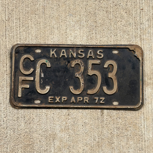 Photo of a 1972 Kansas License Plate Auto Tag Garage Decor Vintage CF C 353 with original patina