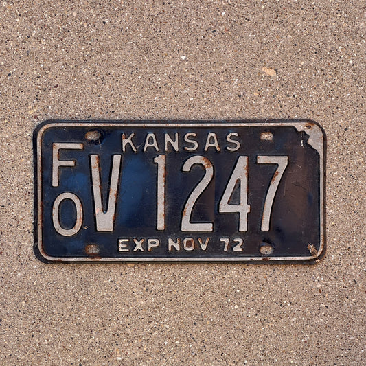 Photo of a 1972 Kansas License Plate Auto Tag Garage Decor Vintage FO V 1247