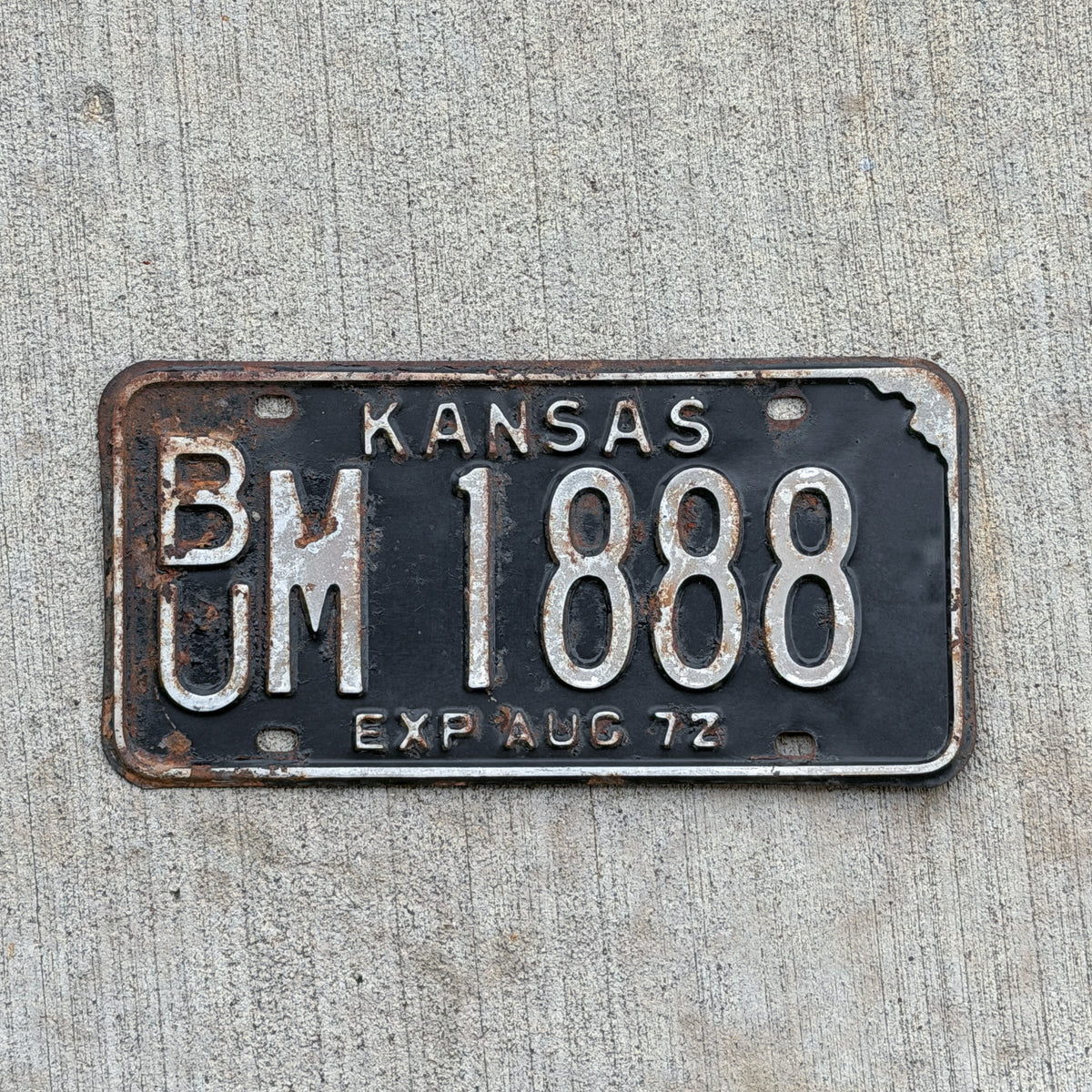 Photo of a 1972 Kansas License Plate Auto Tag Garage Decor Vintage Repeat Repeating BU M 1888 with original patina