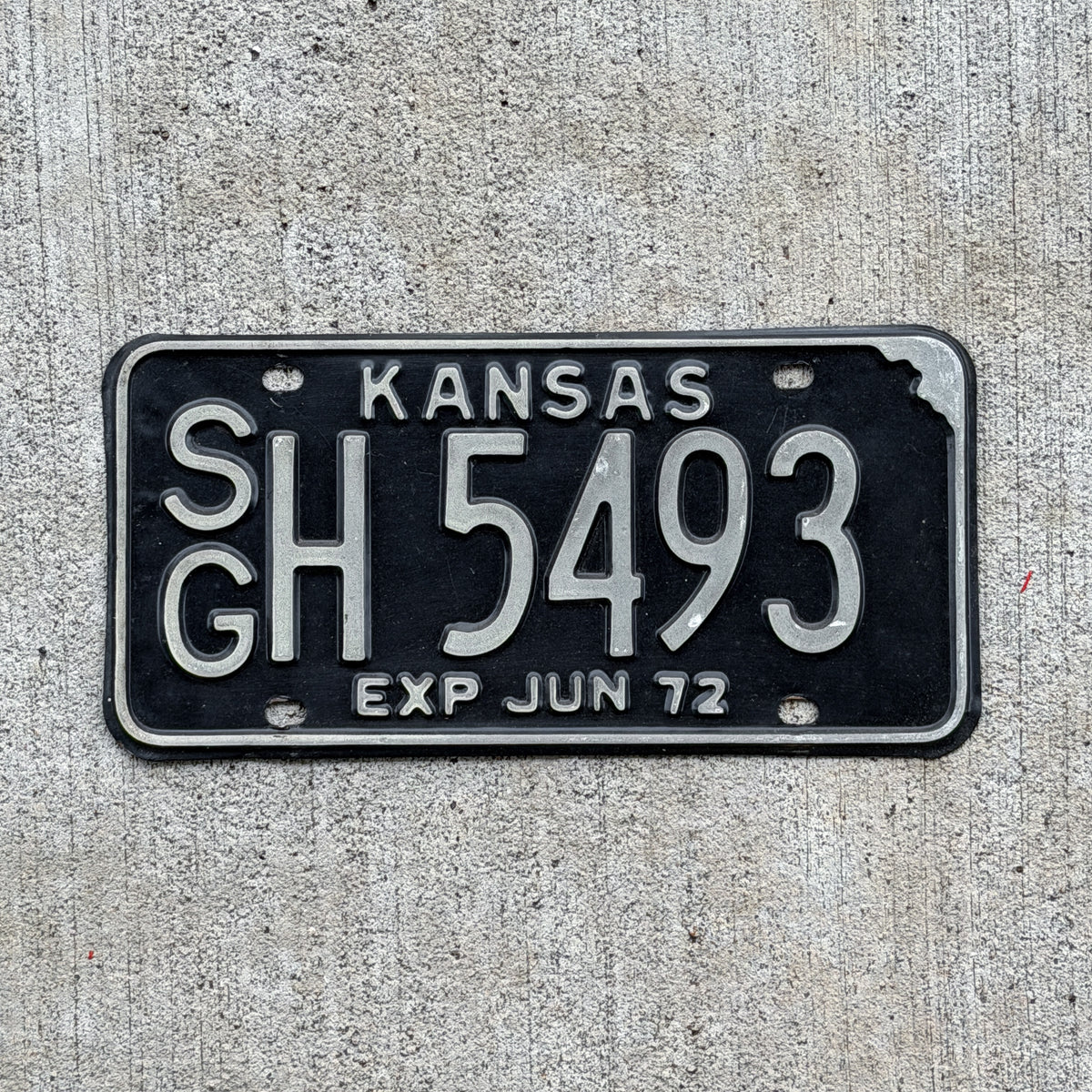 Photo of a 1972 Kansas License Plate Auto Tag Garage Decor Vintage SG H 5493 with original patina