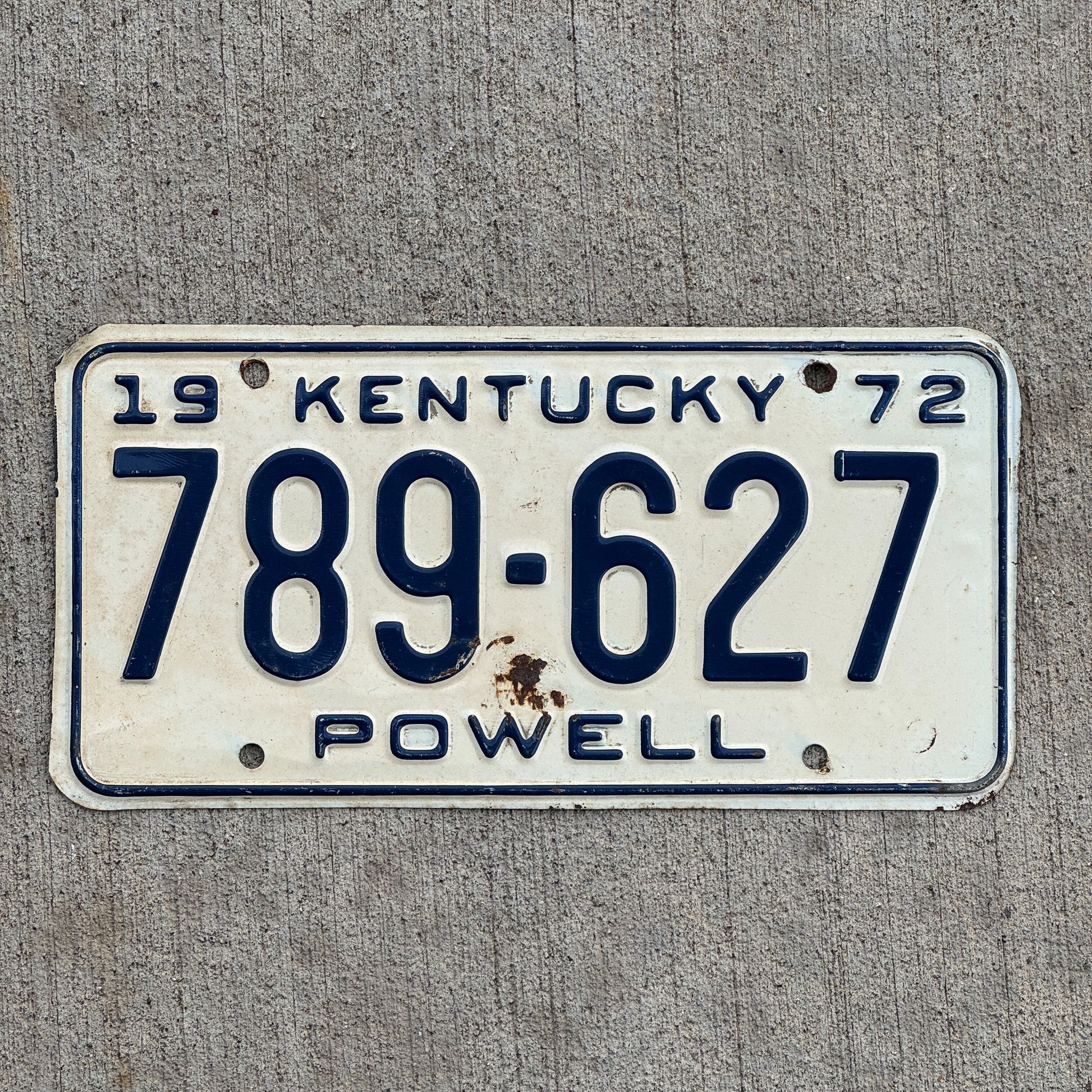 Photo of a 1972 Kentucky License Plate Auto Tag Garage Decor Vintage 789 627 with original patina