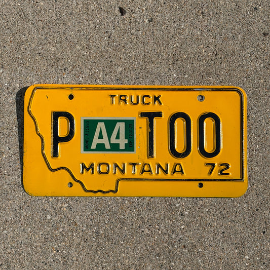 Photo of a 1972 Montana Prorate Power License Plate Auto Tag 2 Vintage State Shape Sample? P T00 with original patina