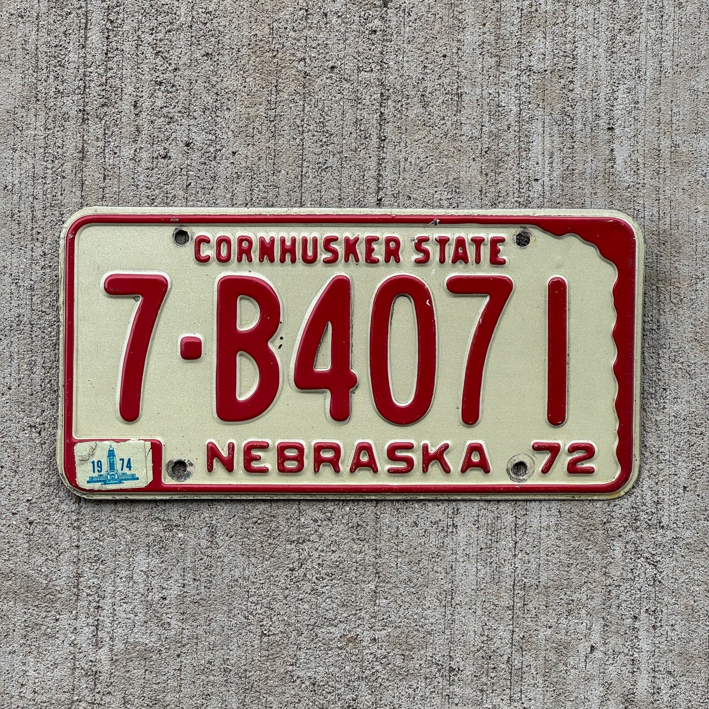 Photo of a 1972 Nebraska License Plate Auto Tag Garage Decor Vintage 7 B 4071