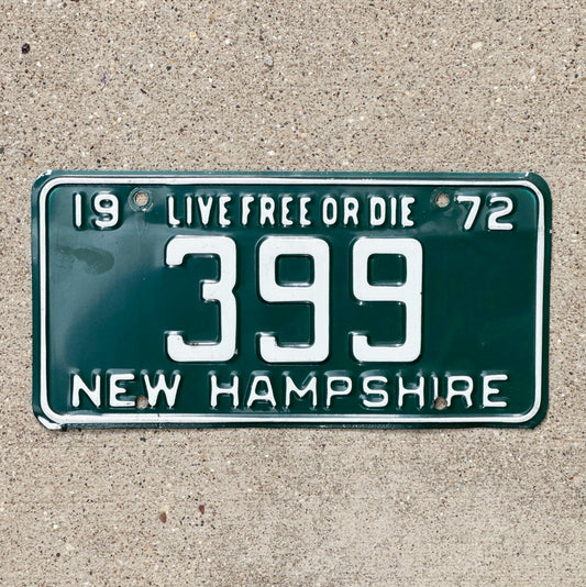 Photo of a 1972 New Hampshire License Plate Auto Tag 1 Vintage Garage Low Number Three Digit 399 with original patina