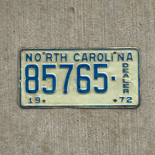 Photo of a 1972 North Carolina Dealer License Plate Auto Tag Garage Decor Vintage 85765 with original patina