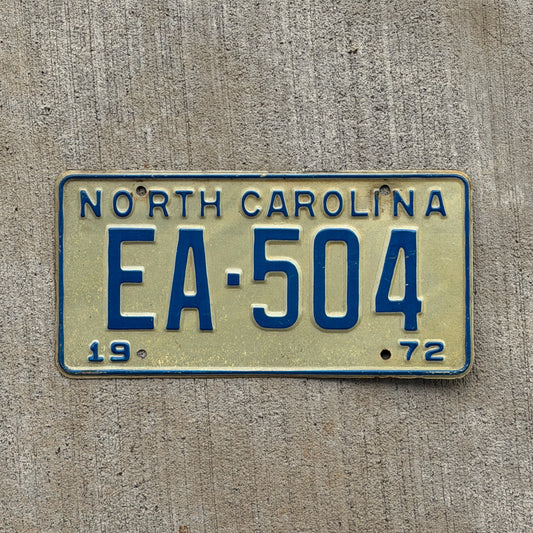 Photo of a 1972 North Carolina License Plate Auto Tag Garage Decor Vintage EA 504 with original patina