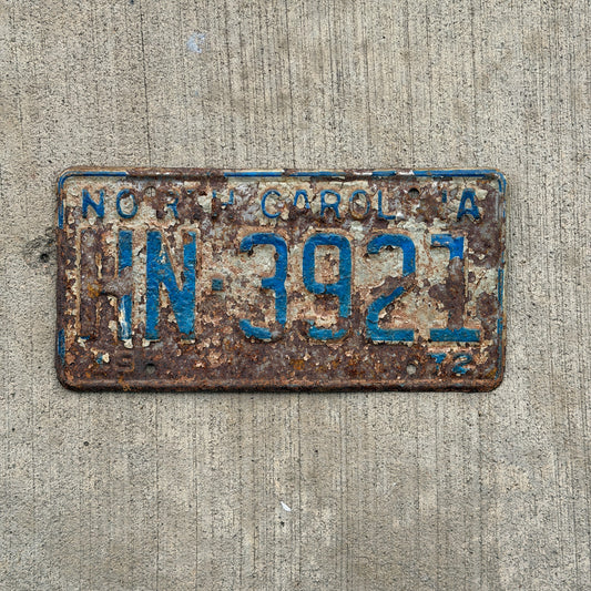 Photo of a 1972 North Carolina License Plate Auto Tag Garage Decor Vintage HN 3921 with original patina