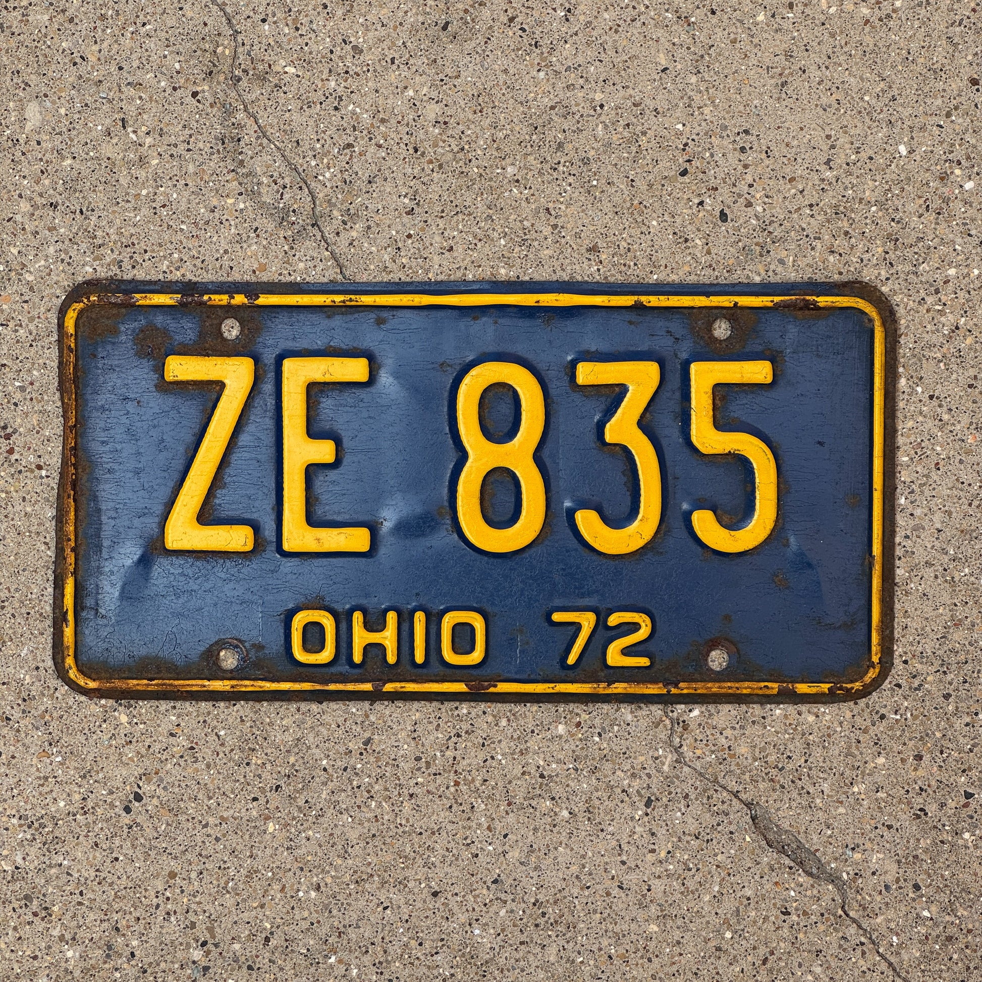 Photo of a 1972 Ohio License Plate Auto Tag 1 Vintage Garage ZE 835 with original patina