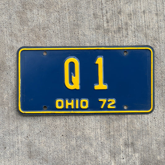 Photo of a 1972 Ohio License Plate Auto Tag 2 Vintage Garage Low Number Q 1 with original patina