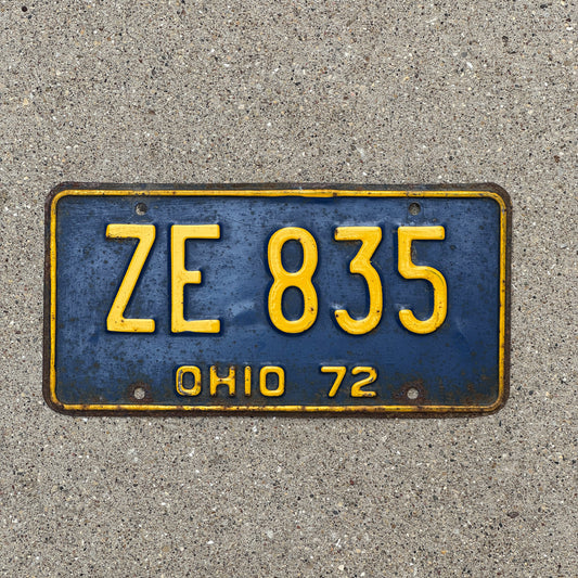 Photo of a 1972 Ohio License Plate Auto Tag 2 Vintage Garage ZE 835 with original patina