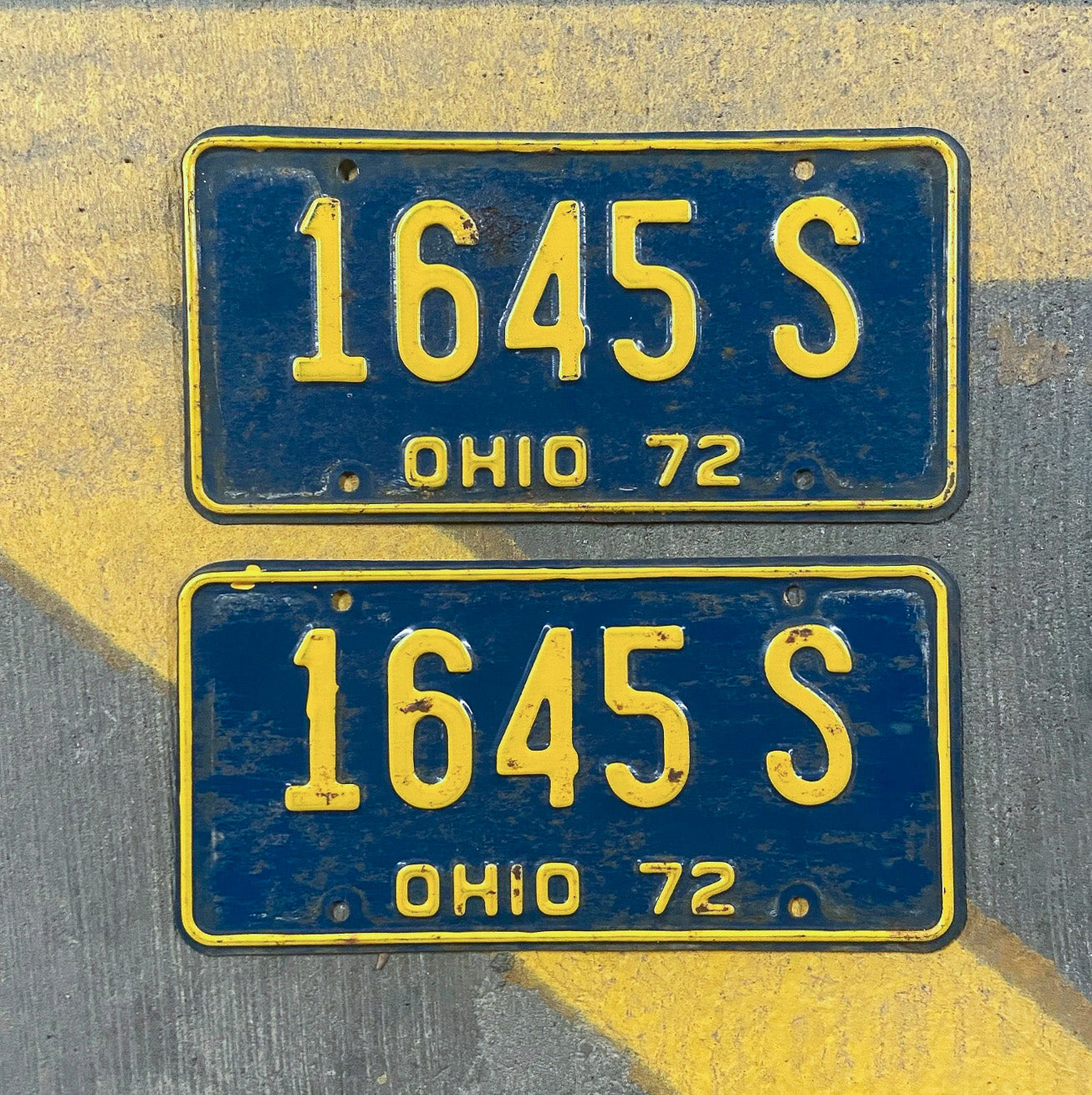 Photo of a 1972 Ohio License Plate Pair Auto Tag Garage Decor Vintage 1645 S with original patina