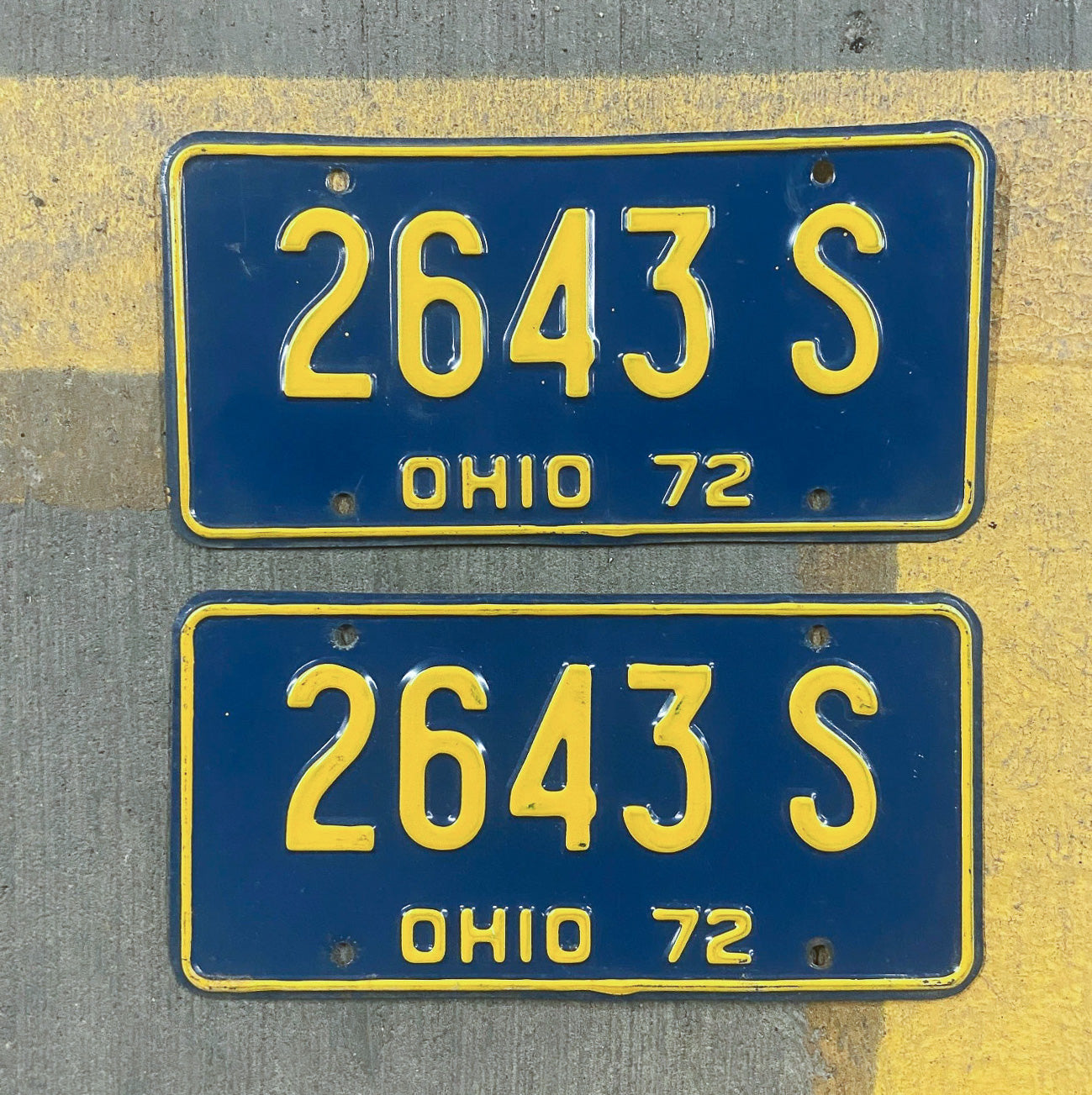 Photo of a 1972 Ohio License Plate Pair Auto Tag Garage Decor Vintage 2643 S with original patina