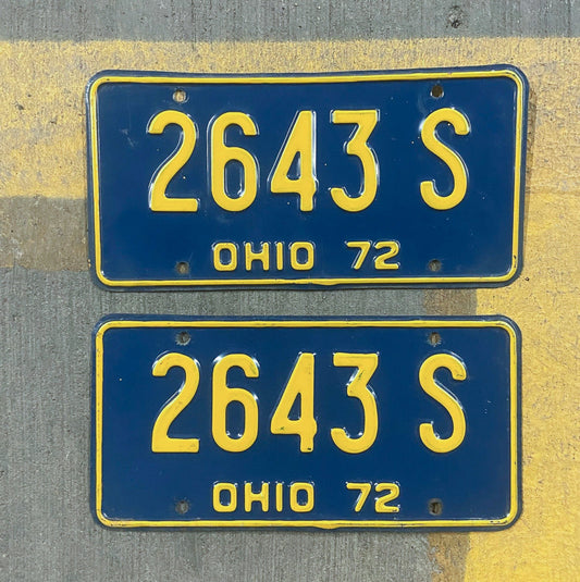 Photo of a 1972 Ohio License Plate Pair Auto Tag Garage Decor Vintage 2643 S with original patina
