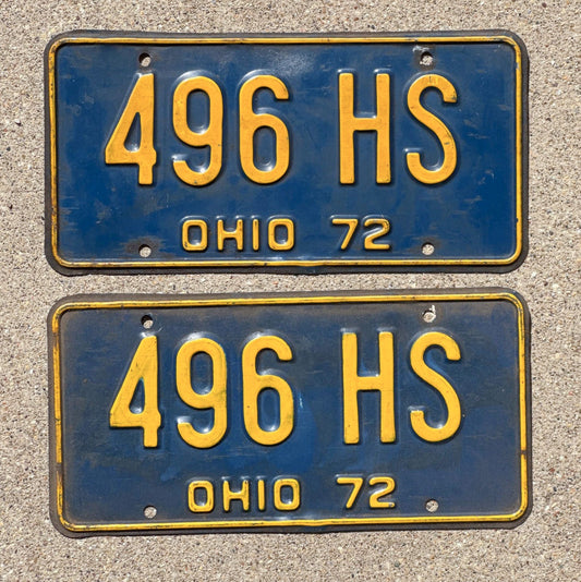 Photo of a 1972 Ohio License Plate Pair Auto Tag Garage Decor Vintage 496 HS with original patina