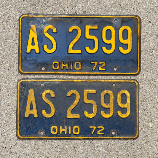 Photo of a 1972 Ohio License Plate Pair Auto Tag Garage Decor Vintage AS 2599 with original patina
