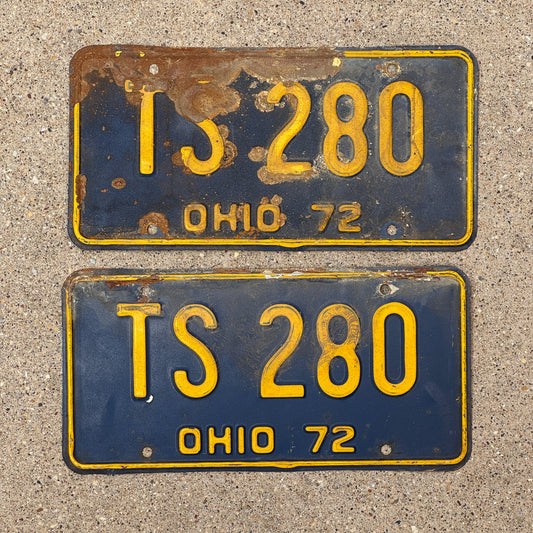 Photo of a 1972 Ohio License Plate Pair Auto Tag Garage Decor Vintage TS 280 with original patina