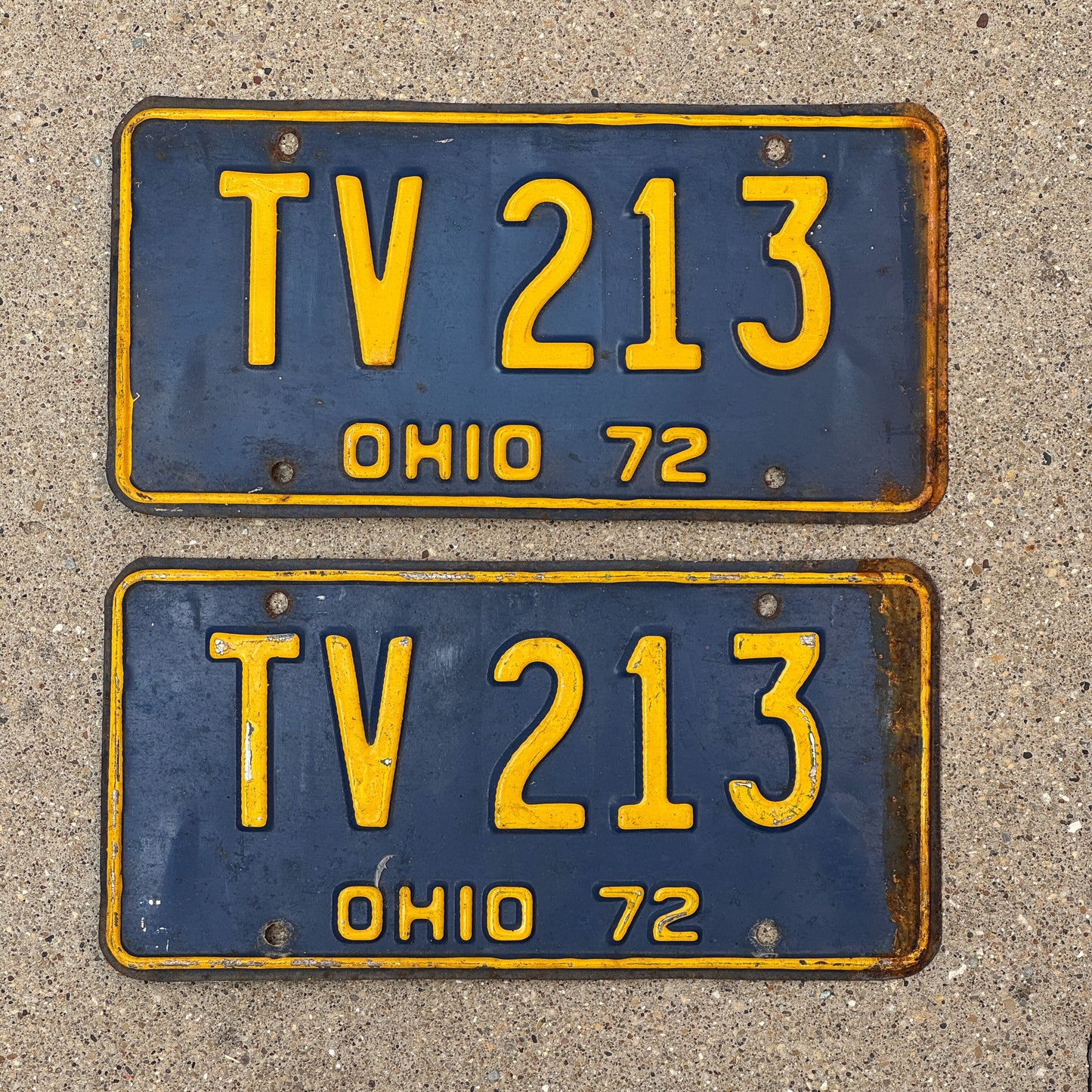 Photo of a 1972 Ohio License Plate Pair Auto Tag Garage Decor Vintage TV 213 with original patina