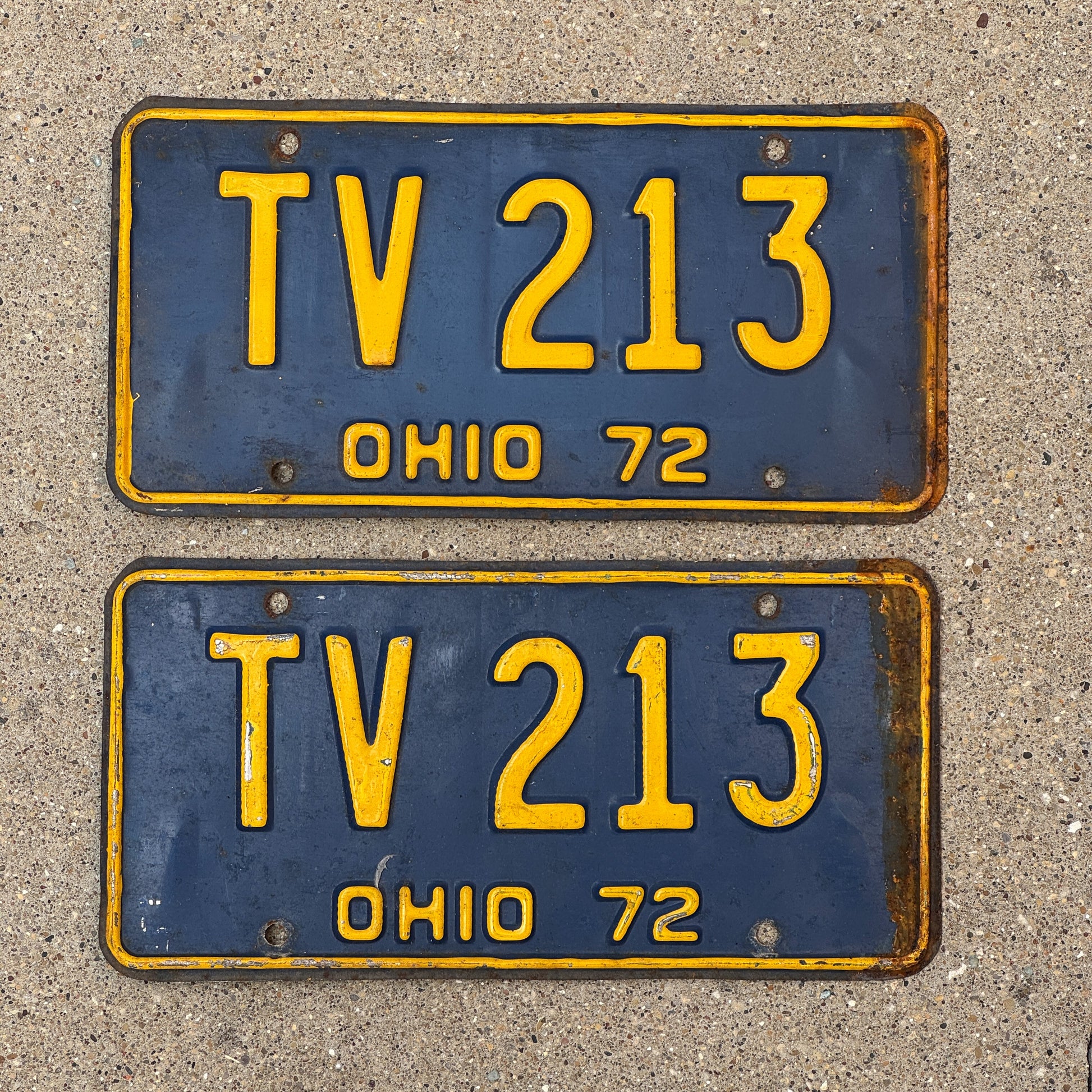 Photo of a 1972 Ohio License Plate Pair Auto Tag Garage Decor Vintage TV 213 with original patina