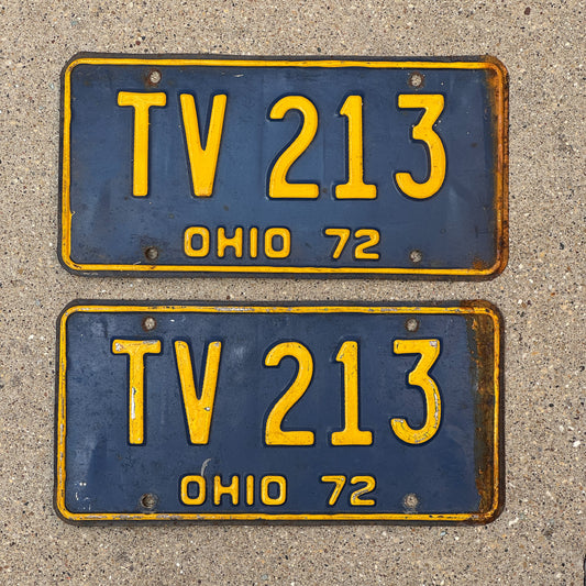 Photo of a 1972 Ohio License Plate Pair Auto Tag Garage Decor Vintage TV 213 with original patina