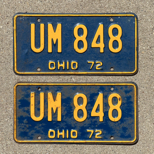 Photo of a 1972 Ohio License Plate Pair Auto Tag Garage Decor Vintage University of Michigan Colors UM 848 with original patina