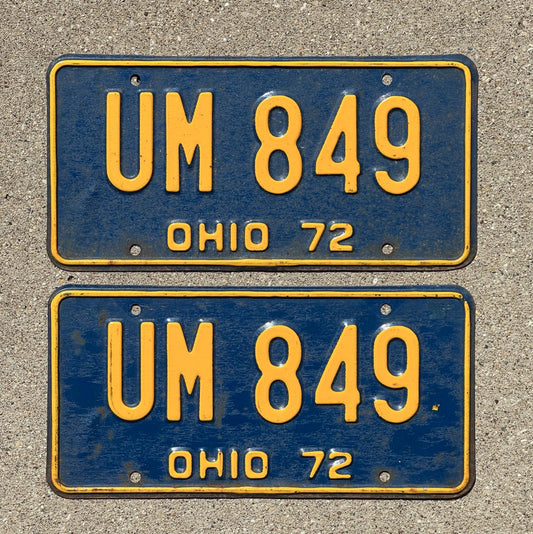 Photo of a 1972 Ohio License Plate Pair Auto Tag Garage Decor Vintage University of Michigan Colors UM 849 with original patina