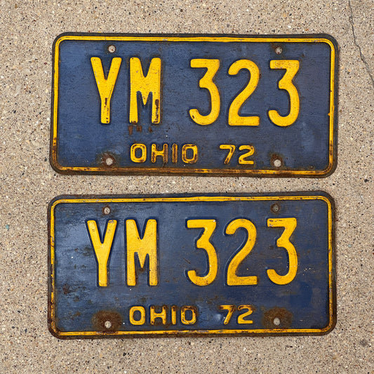 Photo of a 1972 Ohio License Plate Pair Auto Tag Garage Decor Vintage YM 323 with original patina