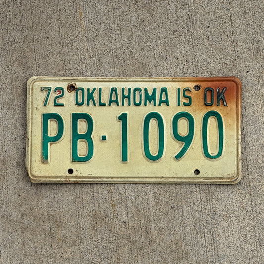 Photo of a 1972 Oklahoma License Plate Auto Tag Garage Decor Vintage PB 1090 with original patina