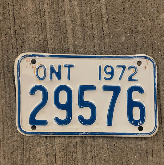 Photo of a 1972 Ontario Motorcycle License Plate Auto Tag Garage Decor Vintage 29576 with original patina