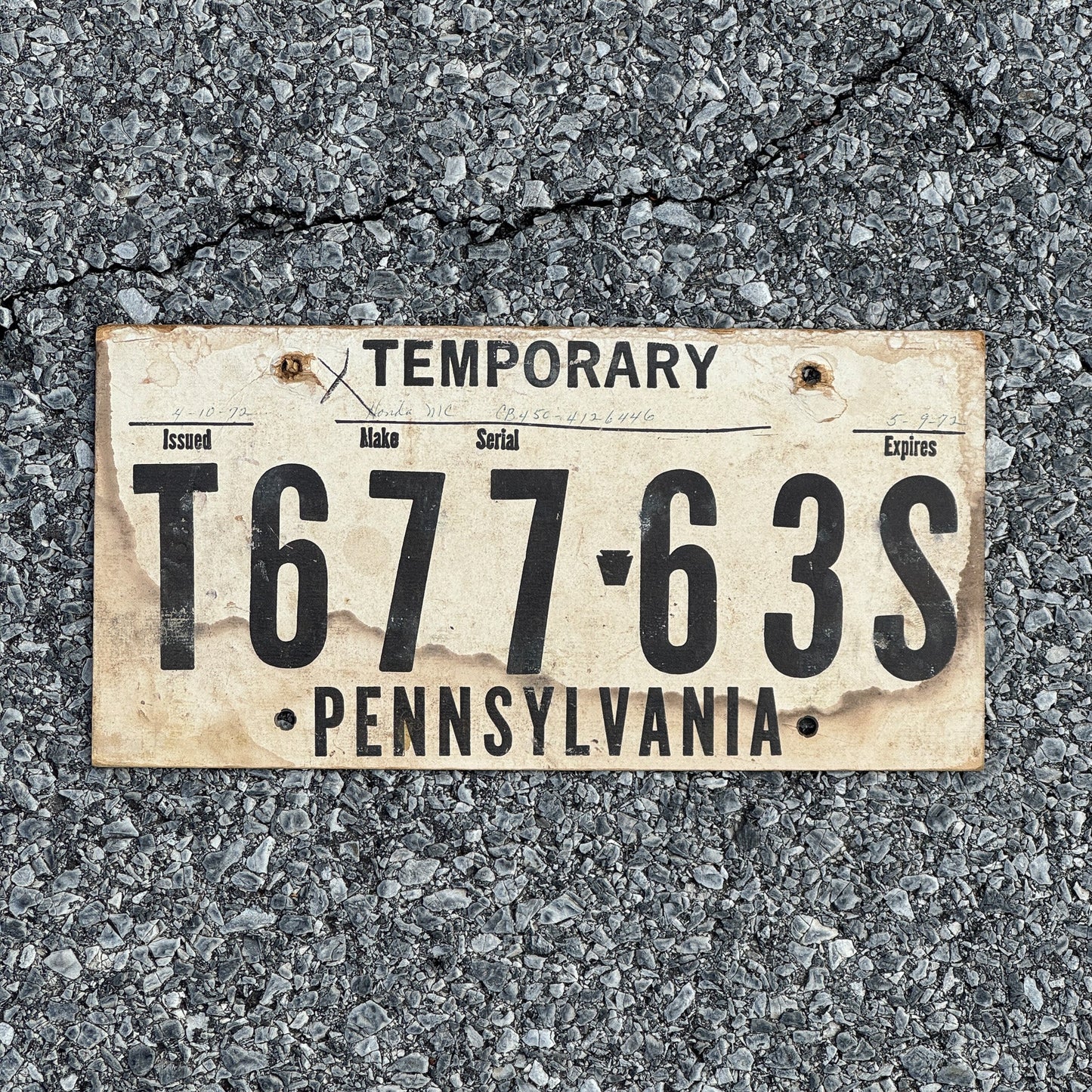 Photo of a 1972 Pennsylvania Temporary License Plate Auto Tag Garage Decor Vintage Card Stock T 677 63S