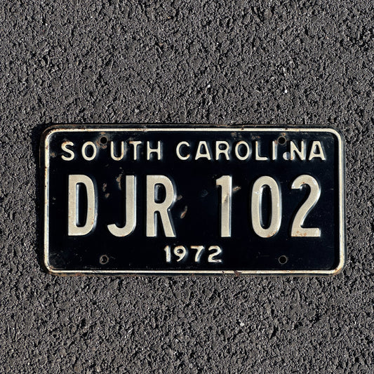 Photo of a 1972 South Carolina License Plate Auto Tag Garage Decor Vintage DJR 102 with original patina