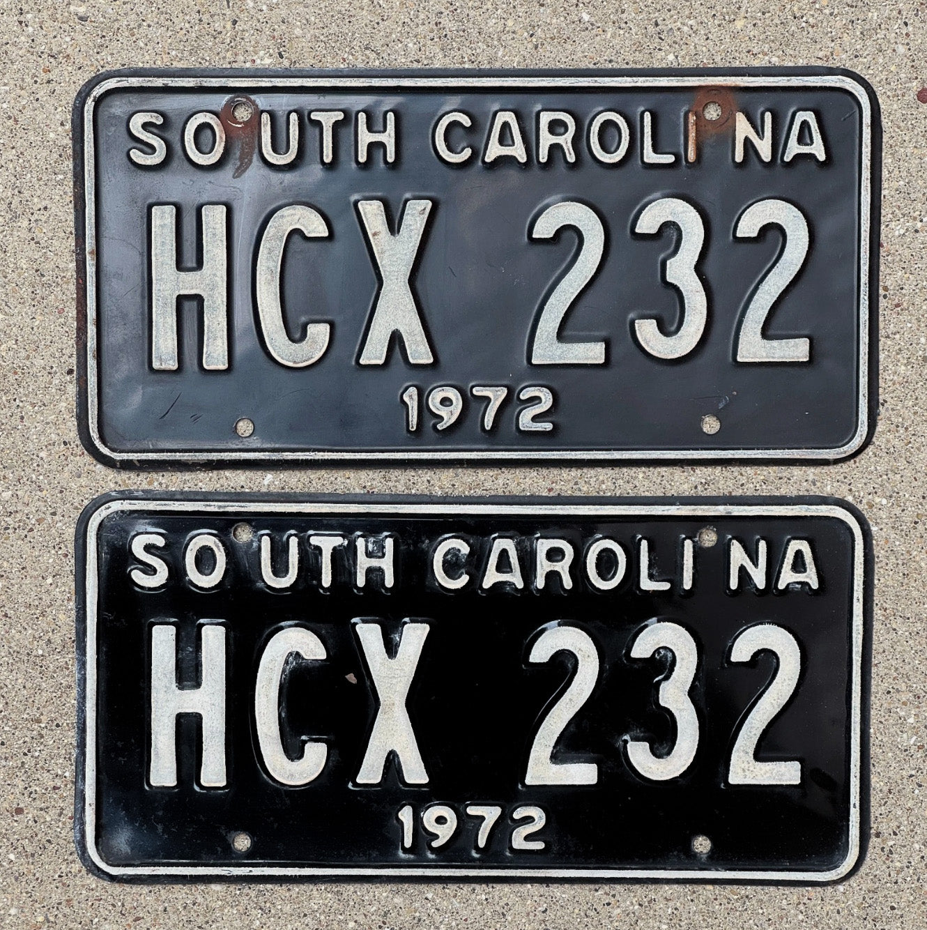 Photo of a 1972 South Carolina License Plate Pair Auto Tag Garage Decor Vintage HCX 232 with original patina