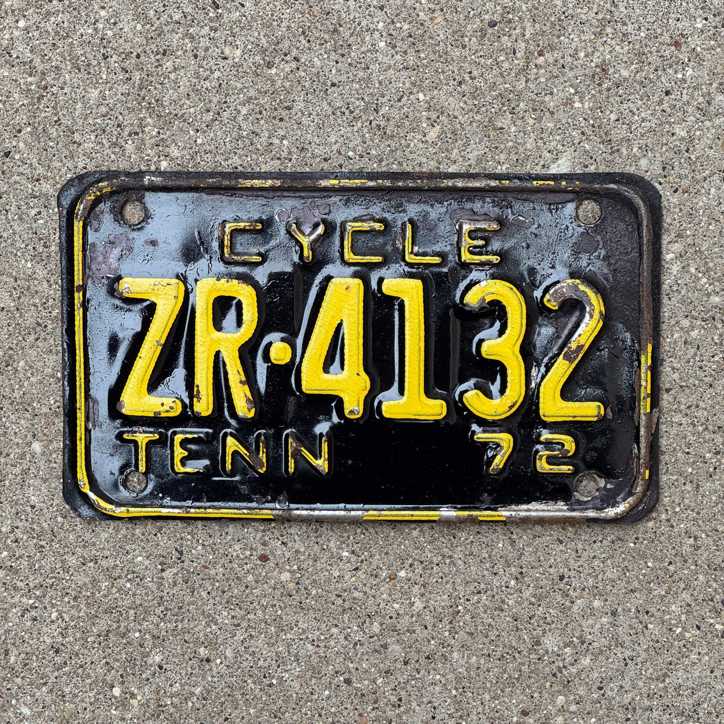 Photo of a 1972 Tennessee Motorcycle License Plate Auto Tag Garage Decor Vintage ZR 4132 with original patina