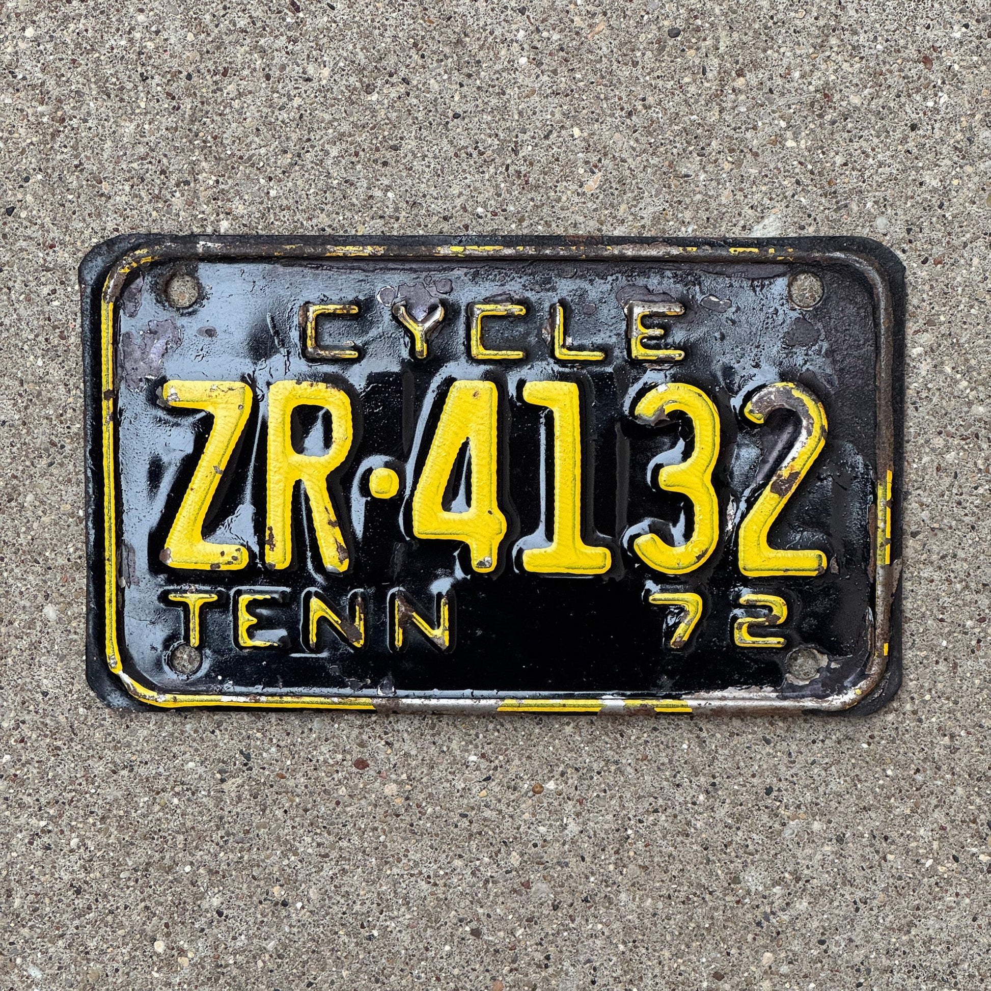 Photo of a 1972 Tennessee Motorcycle License Plate Auto Tag Garage Decor Vintage ZR 4132 with original patina