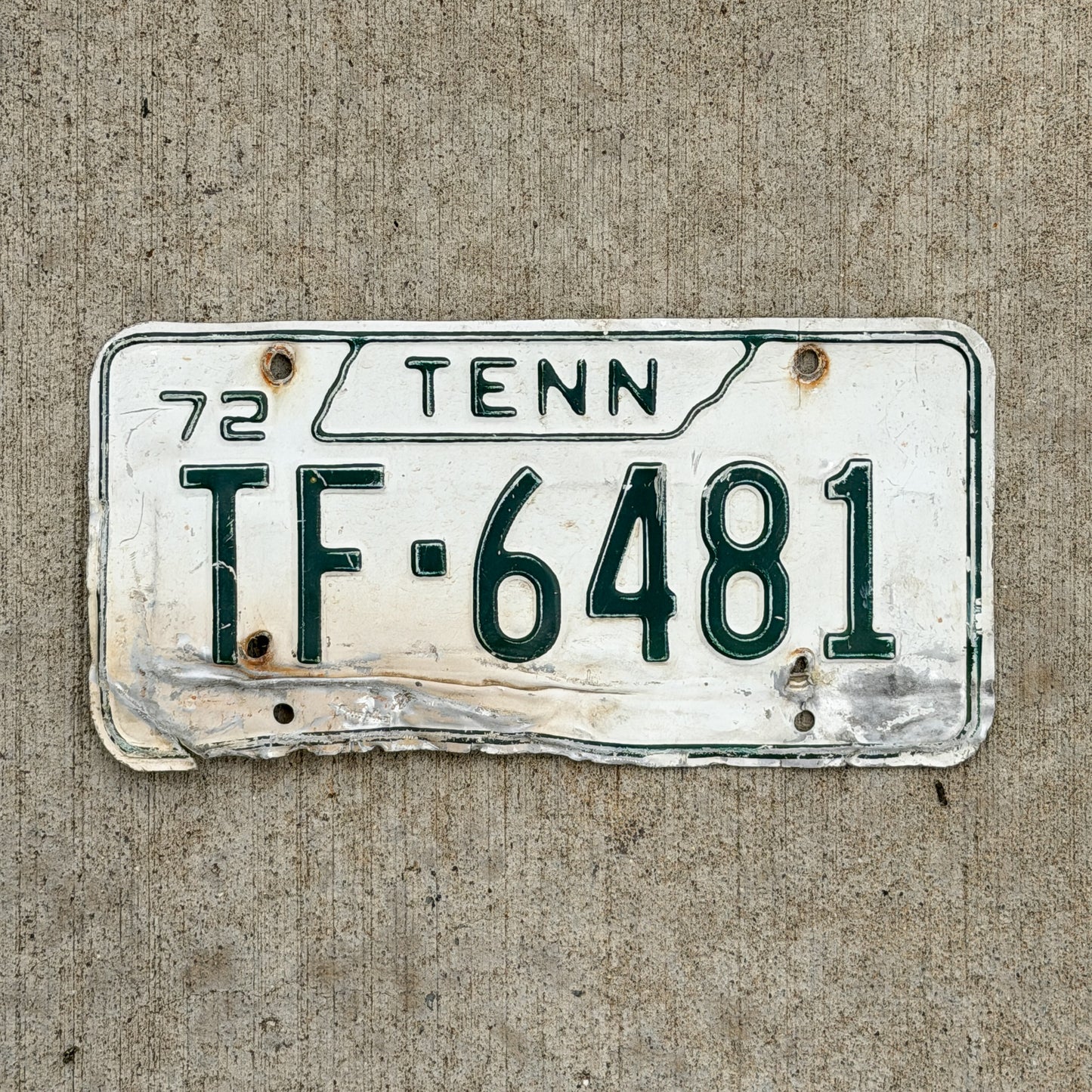 Photo of a 1972 Tennessee Trailer License Plate Auto Tag Garage Decor Vintage TF 6481 with original patina