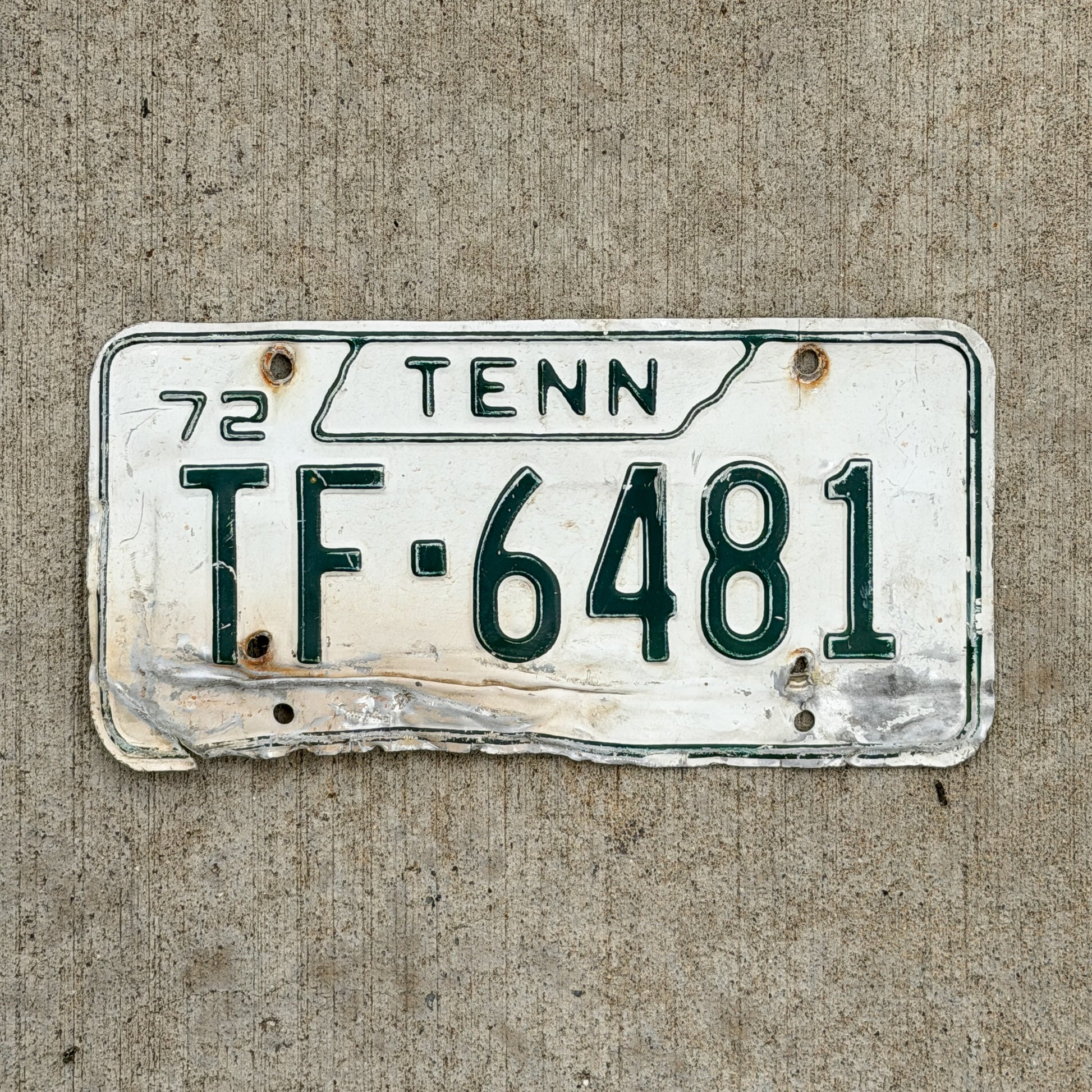 Photo of a 1972 Tennessee Trailer License Plate Auto Tag Garage Decor Vintage TF 6481 with original patina