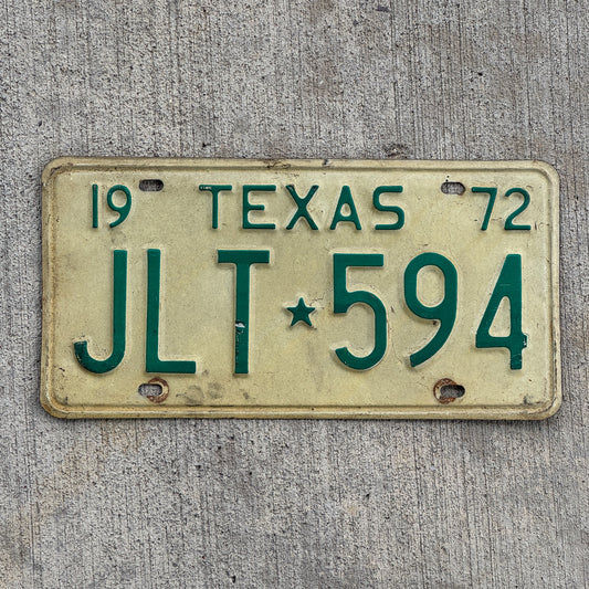 Photo of a 1972 Texas License Plate Auto Tag Garage Decor Vintage JLT 594 with original patina