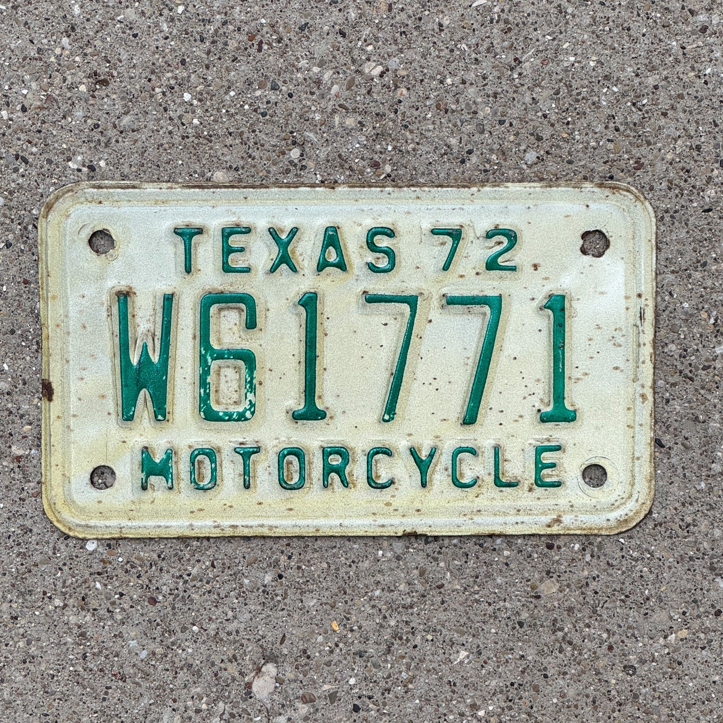 Photo of a 1972 Texas Motorcycle License Plate Auto Tag Garage Decor Vintage W 61771 with original patina