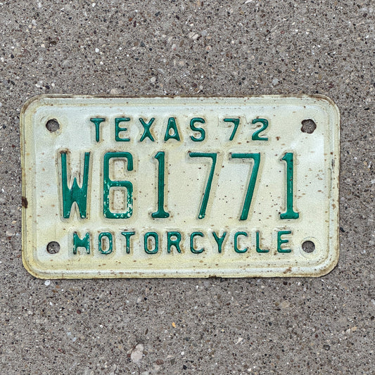 Photo of a 1972 Texas Motorcycle License Plate Auto Tag Garage Decor Vintage W 61771 with original patina