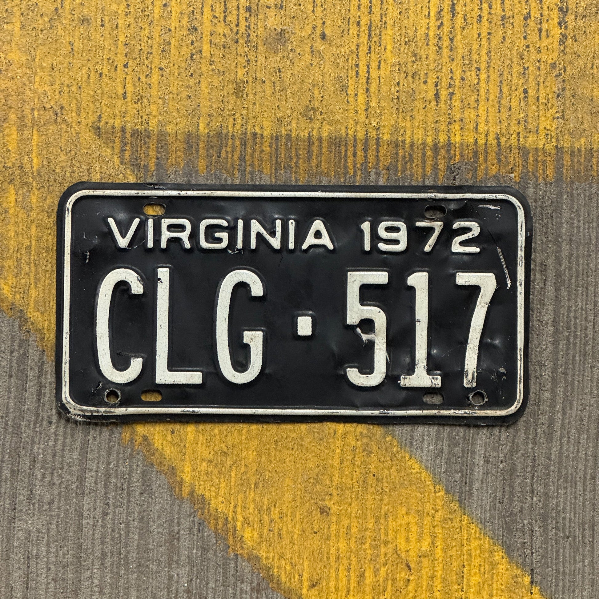 Photo of a 1972 Virginia License Plate Auto Tag Garage Decor Vintage CLG 517 with original patina