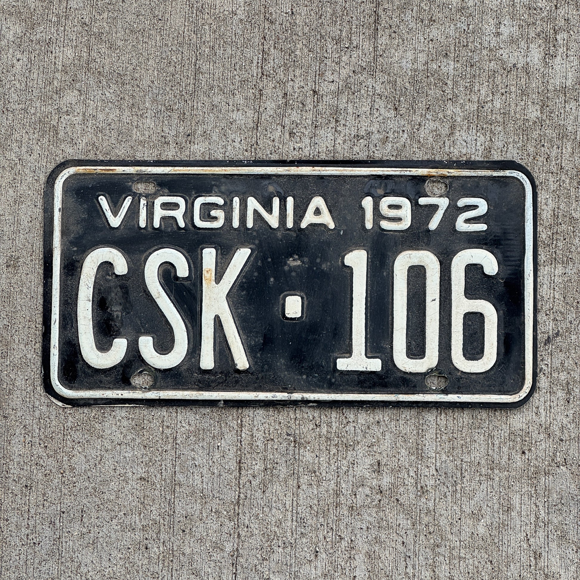 Photo of a 1972 Virginia License Plate Auto Tag Garage Decor Vintage CSK 106 with original patina