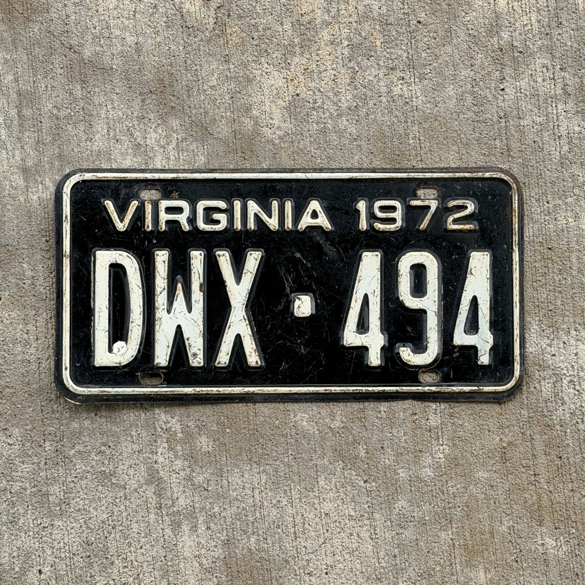 Photo of a 1972 Virginia License Plate Auto Tag Garage Decor Vintage DWX 494 with original patina
