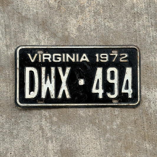 Photo of a 1972 Virginia License Plate Auto Tag Garage Decor Vintage DWX 494 with original patina