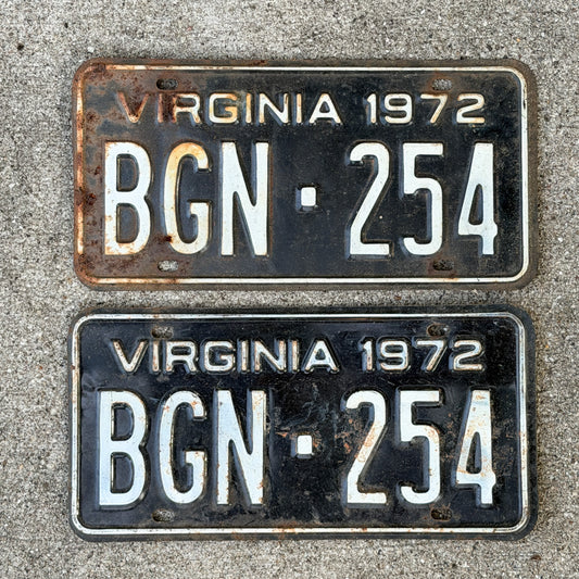 Photo of a 1972 Virginia License Plate Pair Auto Tag Garage Decor Vintage BGN 254 with original patina