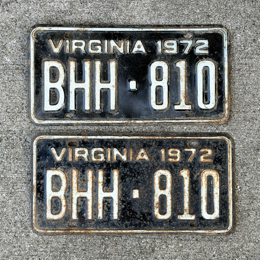 Photo of a 1972 Virginia License Plate Pair Auto Tag Garage Decor Vintage BHH 810 with original patina