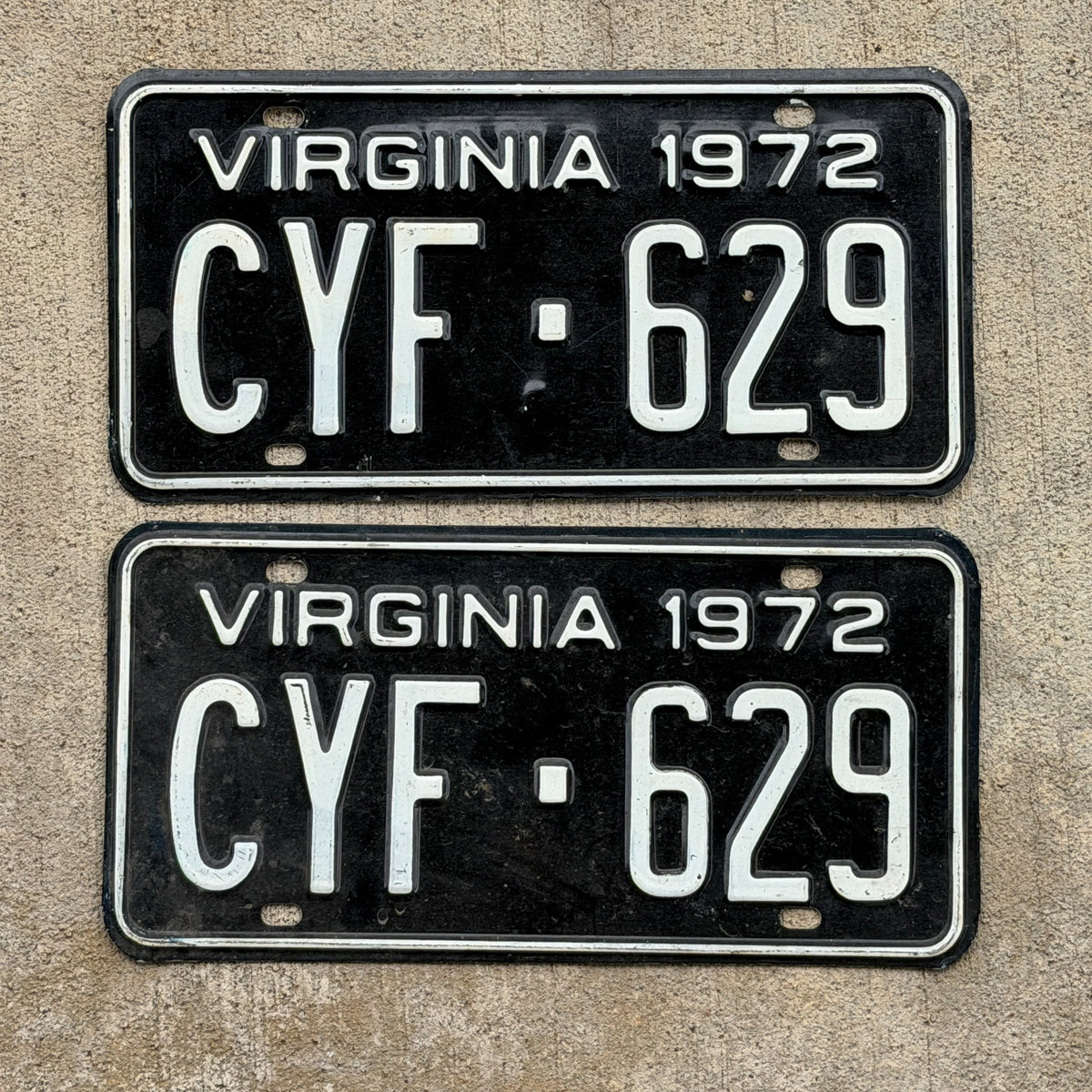Photo of a 1972 Virginia License Plate Pair Auto Tag Garage Decor Vintage CYF 629 with original patina