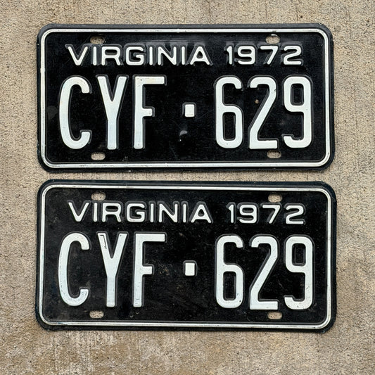 Photo of a 1972 Virginia License Plate Pair Auto Tag Garage Decor Vintage CYF 629 with original patina