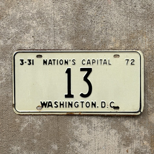 Photo of a 1972 Washington DC License Plate Auto Tag Garage Decor Vintage Low Number Two Digit 13 with original patina