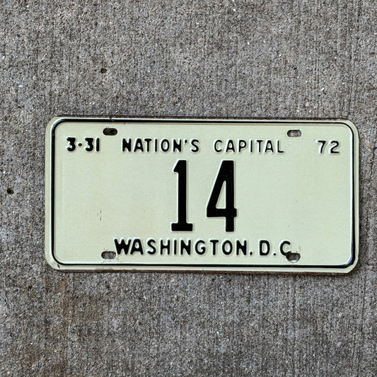 Photo of a 1972 Washington DC License Plate Auto Tag Garage Decor Vintage Low Number Two Digit 14 with original patina