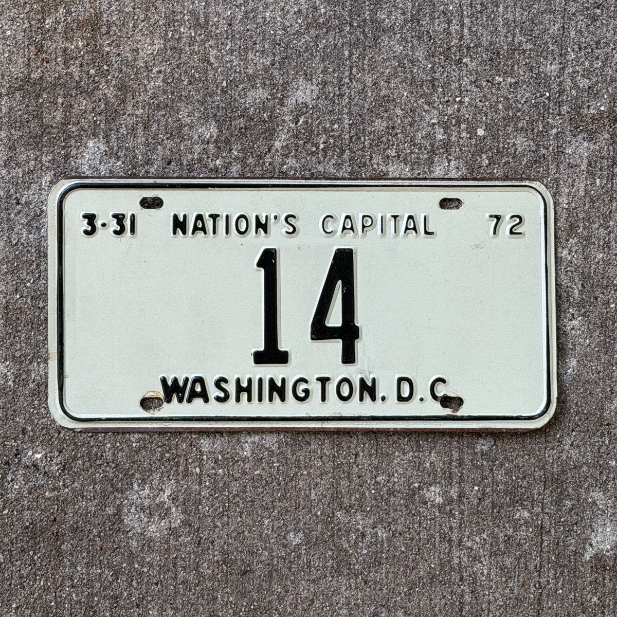 Photo of a 1972 Washington DC License Plate Auto Tag Garage Decor Vintage Low Number Two Digit 14 with original patina