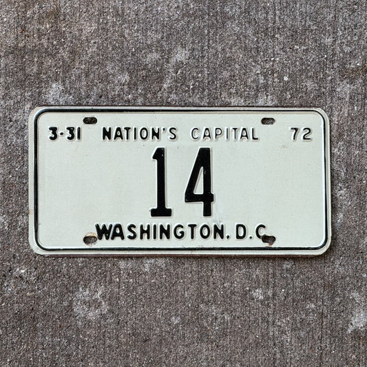 Photo of a 1972 Washington DC License Plate Auto Tag Garage Decor Vintage Low Number Two Digit 14 with original patina